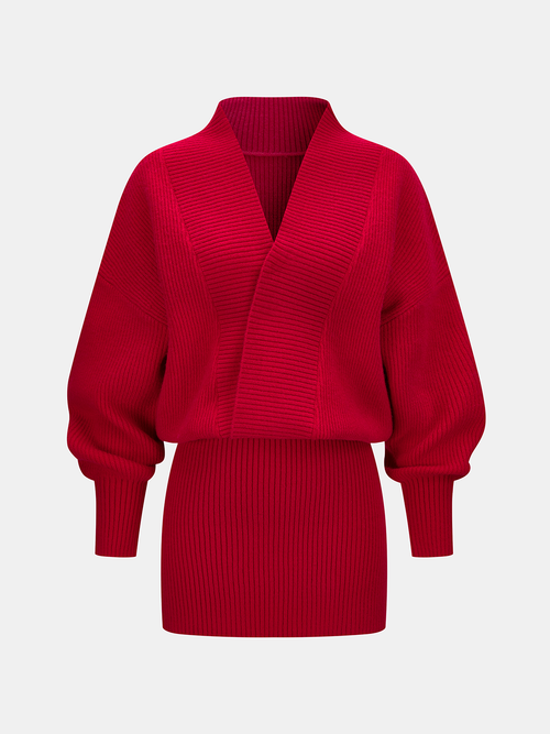 Wrap V-Neck Ribbed Knit Mini Dress