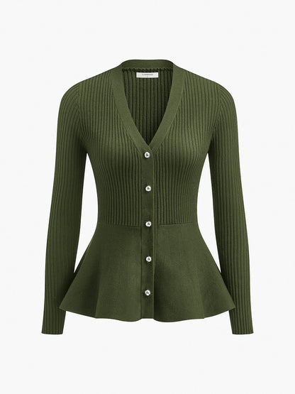 Oversized Ribbed Panel Bud Waist Button Knit Top