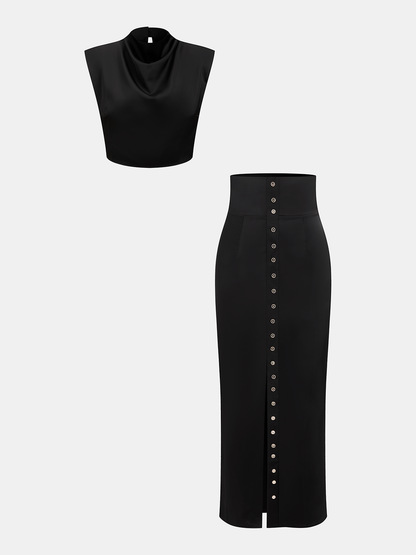 Satin Cowl-Neck Top & High-Waisted Skirt Set