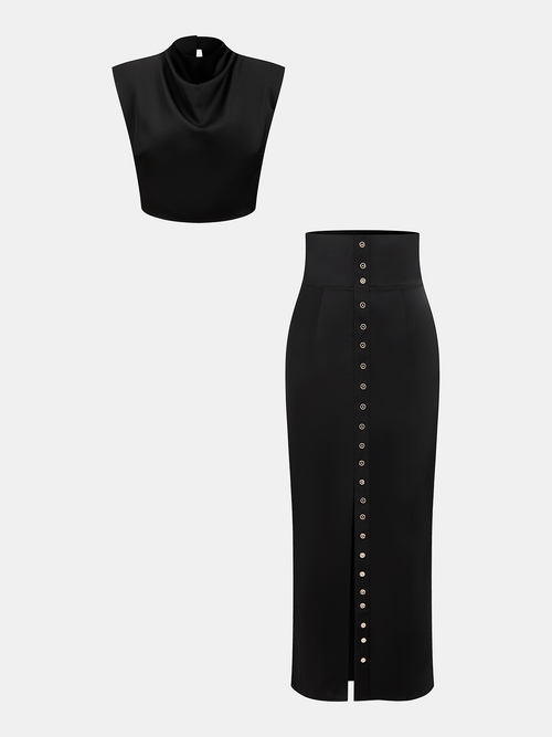 Satin Cowl-Neck Top & High-Waisted Skirt Set