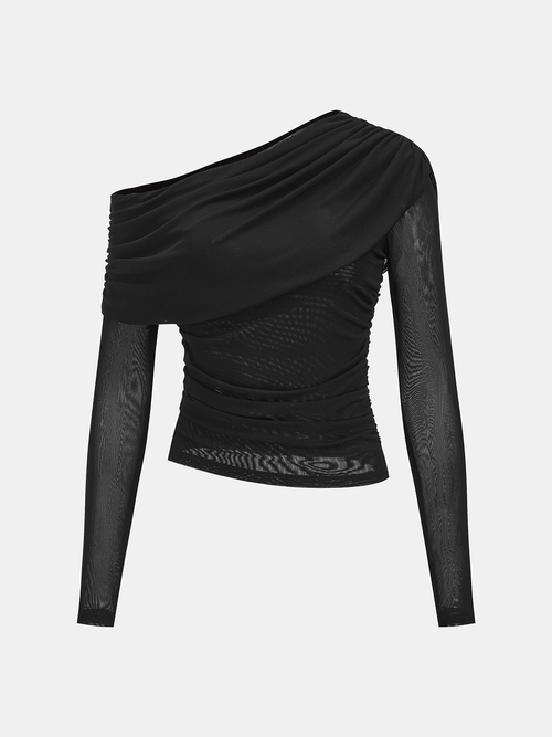 Semi-Sheer Mesh Off-Shoulder Ruched Top