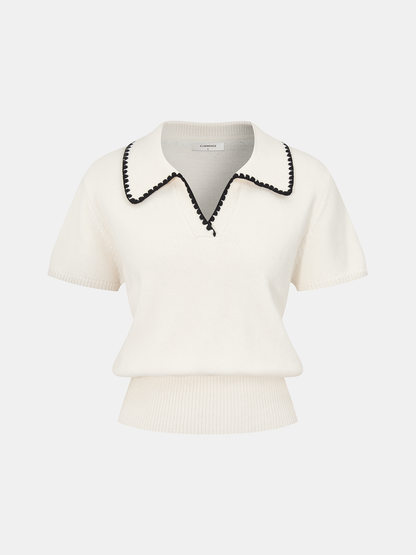 Contrast Trim Wool-Blend Short-Sleeve Knit Top