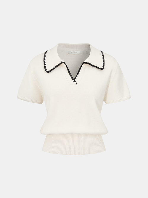 Contrast Trim Wool-Blend Short-Sleeve Knit Top