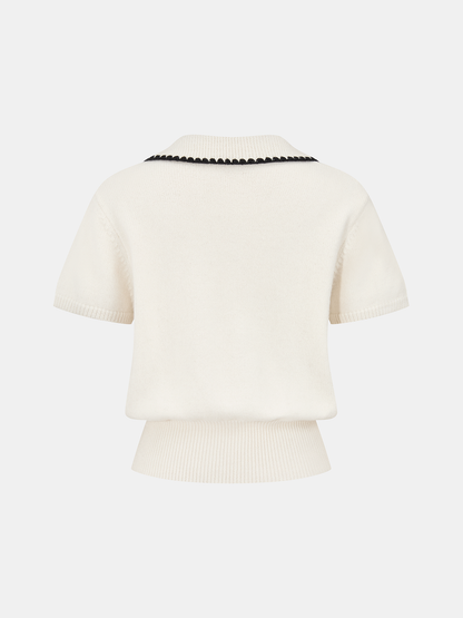 Contrast Trim Wool-Blend Short-Sleeve Knit Top