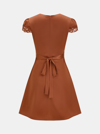 Lace Trim V-Neck Satin Mini Dress