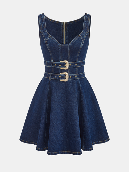 Denim Double-Buckle Mini Dress