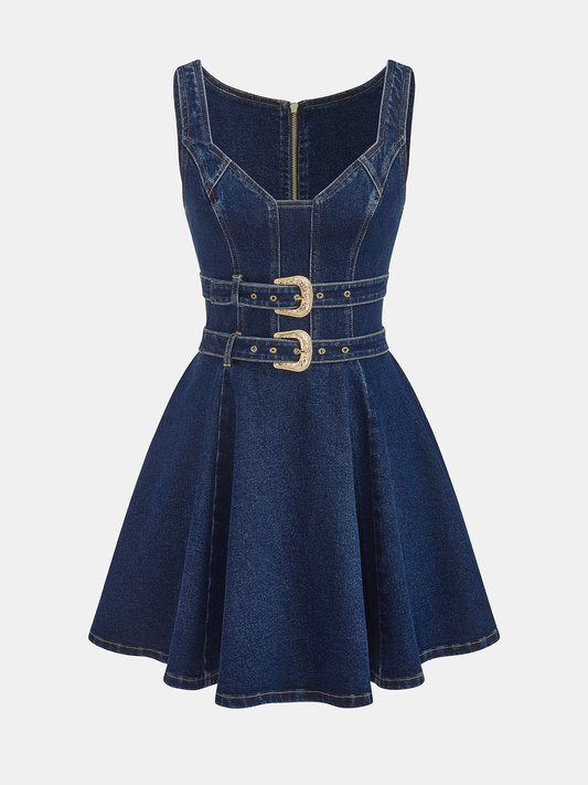 Denim Double-Buckle Mini Dress