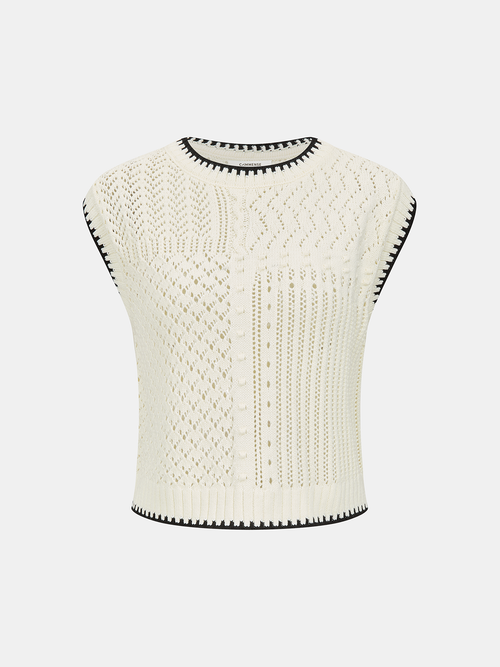 Contrast Trim Open-Knit Sleeveless Top