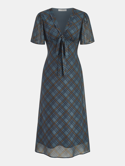 Tie-Front Plaid Chiffon Midi Dress