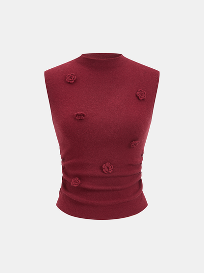 3D Floral Sleeveless Mock Neck Top