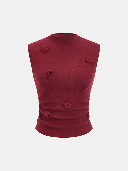 3D Floral Sleeveless Mock Neck Top