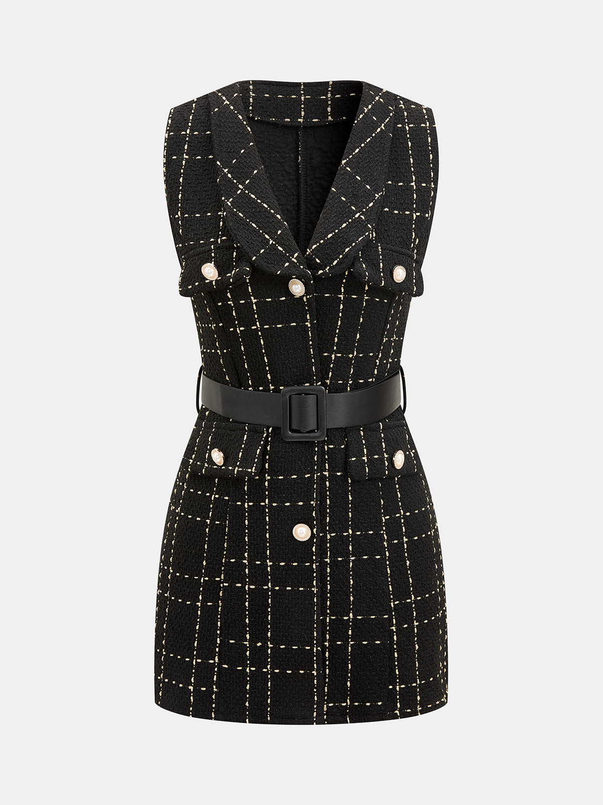 Belted Plaid Tweed Sleeveless Mini Dress