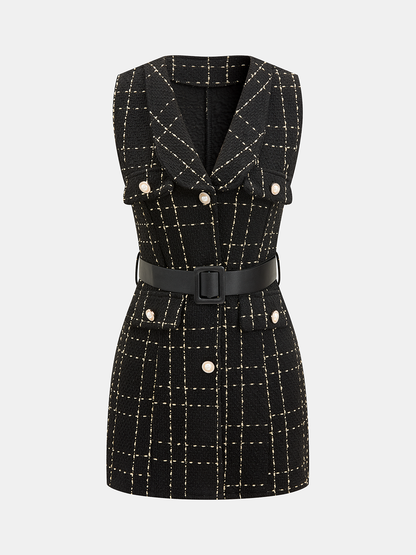 Belted Plaid Tweed Sleeveless Mini Dress