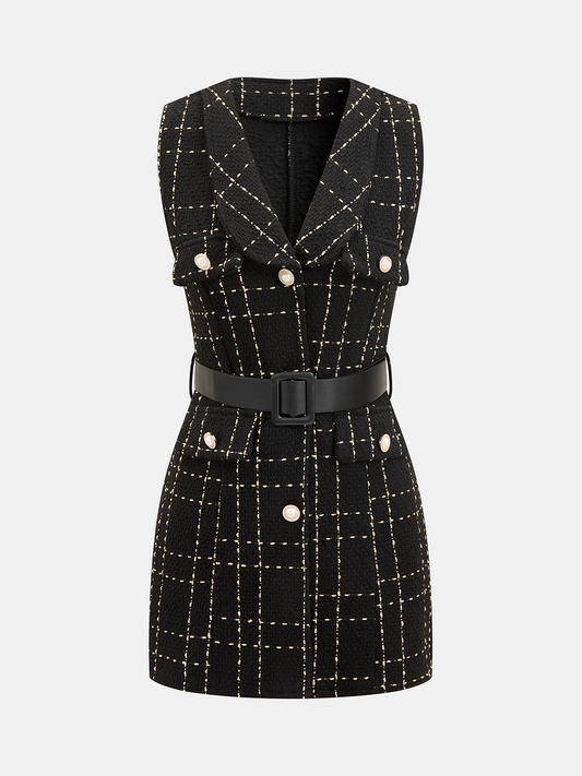 Belted Plaid Tweed Sleeveless Mini Dress