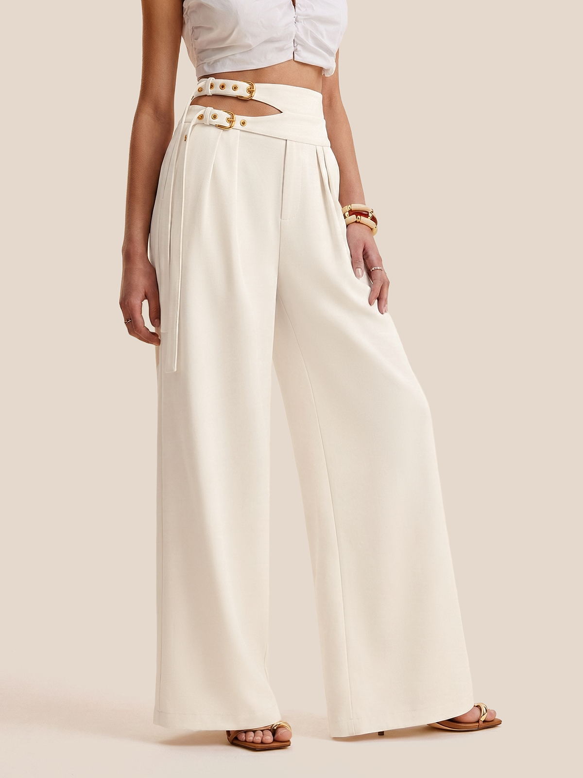 Cut-Out Double Buckle Wide Leg Pants