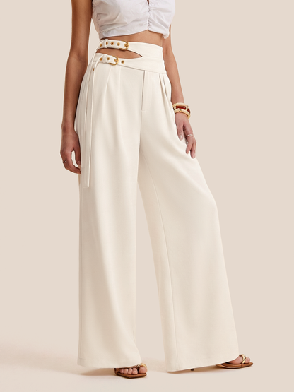 Cut-Out Double Buckle Wide Leg Pants