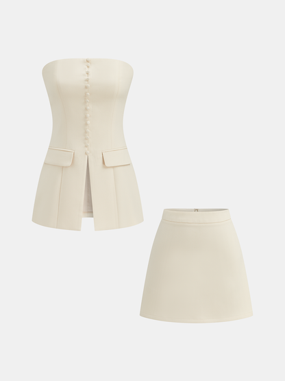 Strapless Button-Down Top & Mini Skirt Set