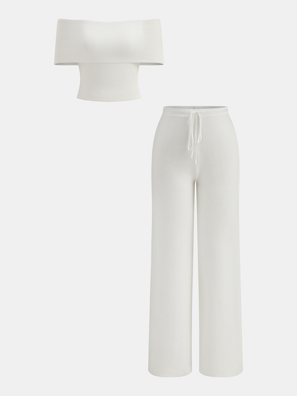 Ribbed Off-Shoulder Top & Drawstring Pants Set