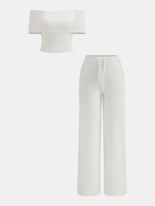 Ribbed Off-Shoulder Top & Drawstring Pants Set