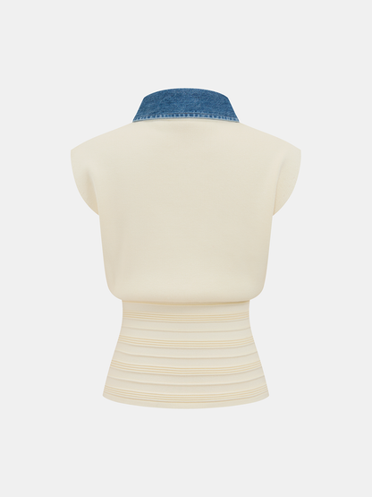 Denim Collar Sleeveless Cinched Waist Knit Top