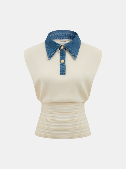 Denim Collar Sleeveless Cinched Waist Knit Top