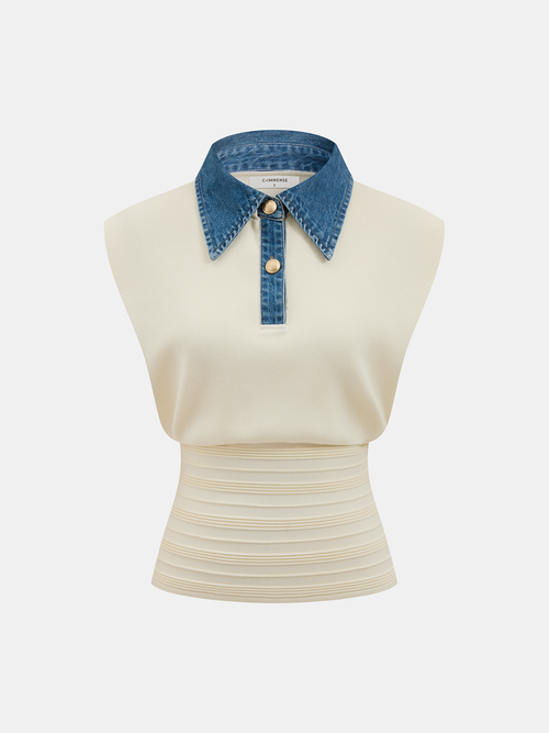 Denim Collar Sleeveless Cinched Waist Knit Top