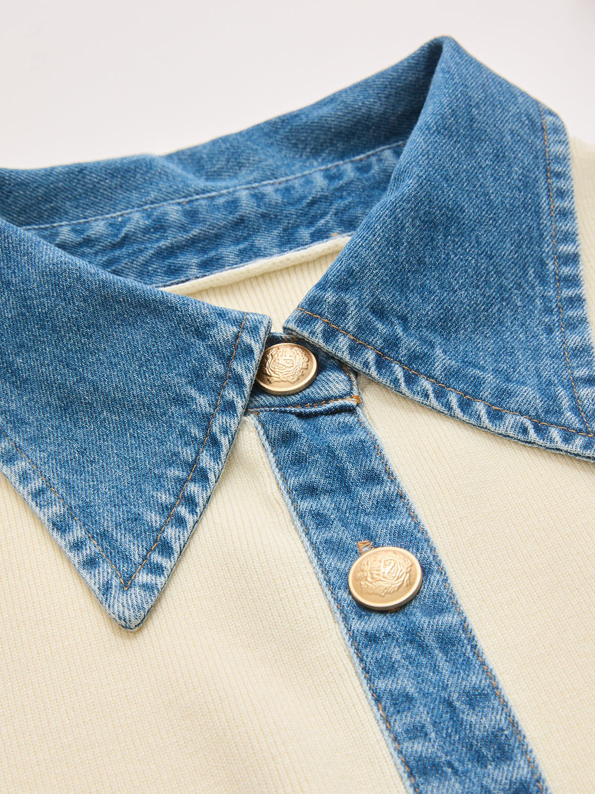 Denim Collar Sleeveless Cinched Waist Knit Top