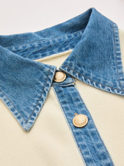 Denim Collar Sleeveless Cinched Waist Knit Top