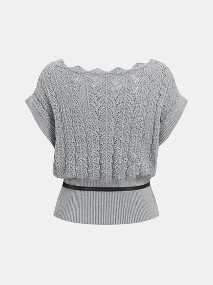 Scalloped Neck Belted Knit Top