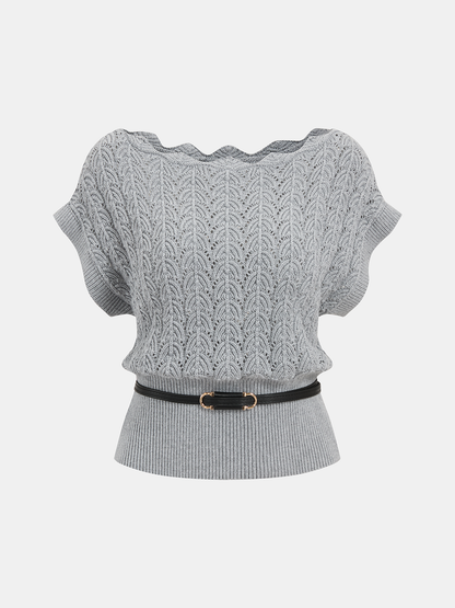 Scalloped Neck Belted Knit Top