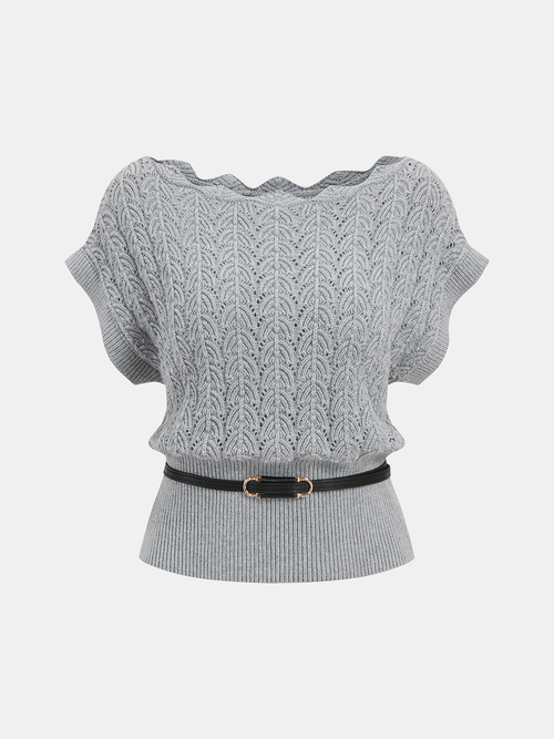 Scalloped Neck Belted Knit Top