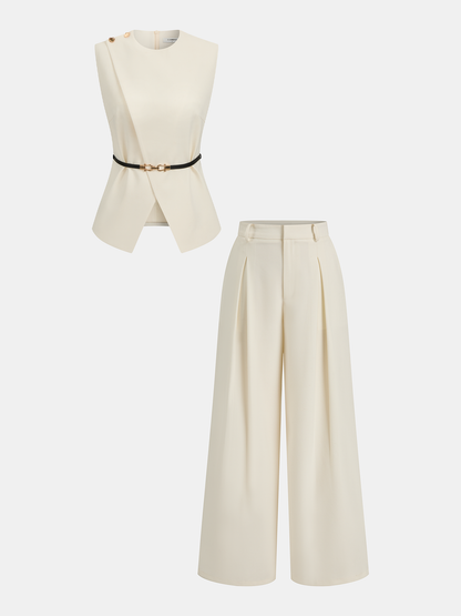 Sleeveless Belted Top & Pleated Pants Set with Improved Fit