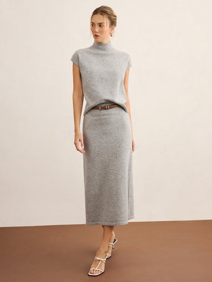 Mock Neck Knit Top & Midi Skirt Set without Belt