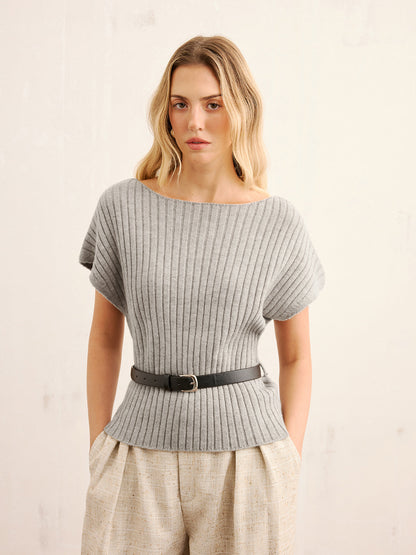 Belted Ribbed Knit Boat Neck Top