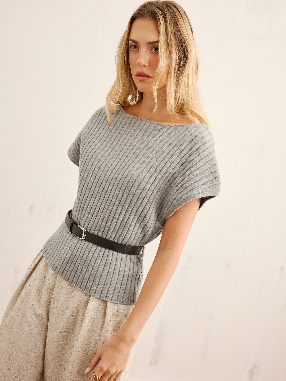 Belted Ribbed Knit Boat Neck Top