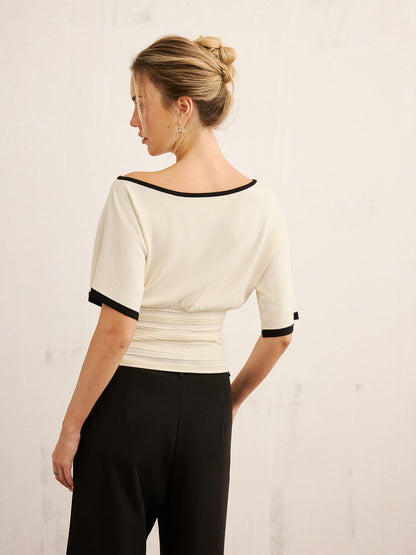 Contrast Trim Cinched Waist Knit Top