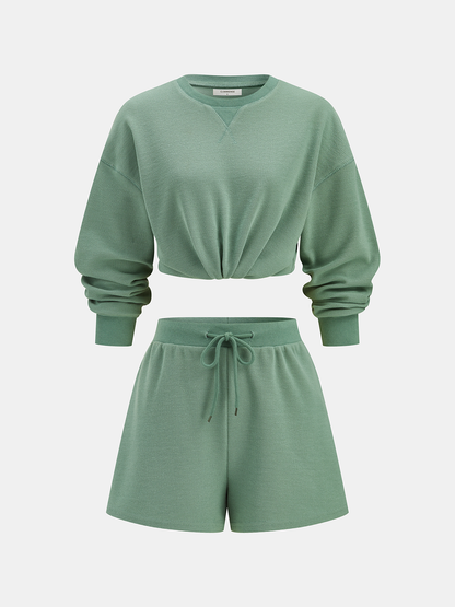 Waffle Knit Sweatshirt & Drawstring Shorts Set