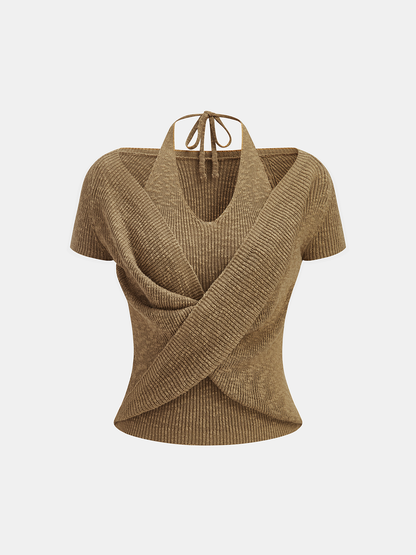 Halter Wrap Short Sleeve Knit Top