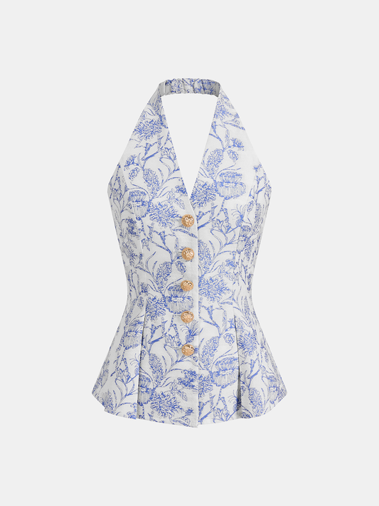 Floral Print Halter Button-Front Vest Top