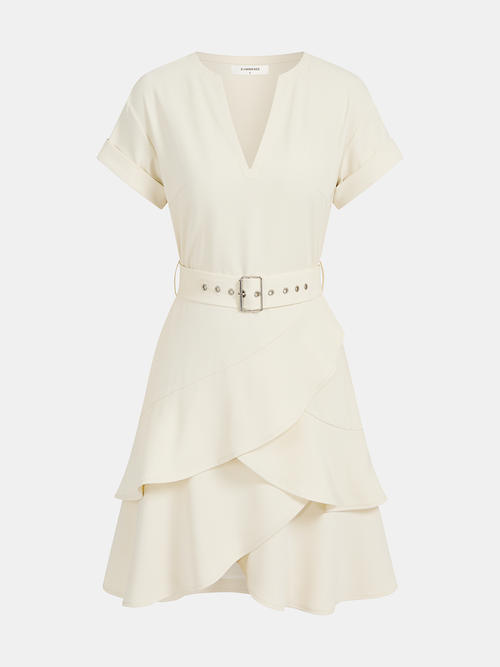 Belted V-Neck Short Sleeve Ruffle Dress