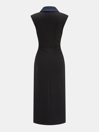 Denim Panel Sleeveless Buttoned Midi Dress