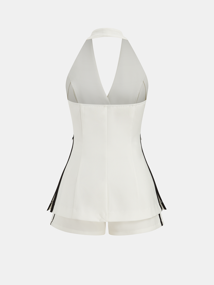 Contrast Trim Belted Halter Top & Shorts Set