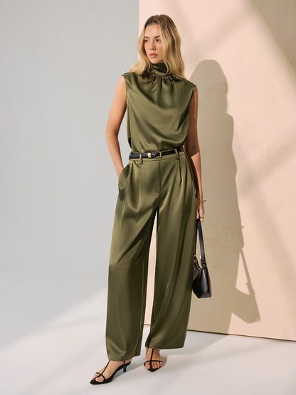 Satin Sleeveless Top & Wide-Leg Pants Set without Belt