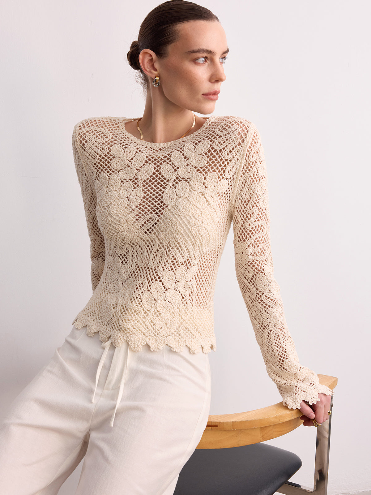 Crochet Lace Long Sleeve Knit Top