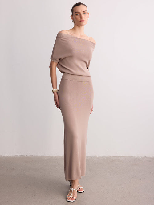 Off-Shoulder Knit Top & Maxi Skirt Set