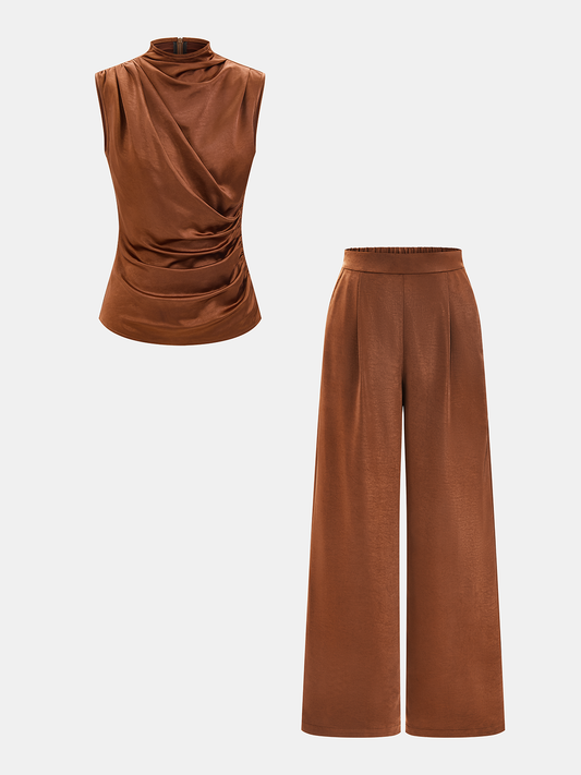 Satin Ruched Top & Wide Leg Pants Set