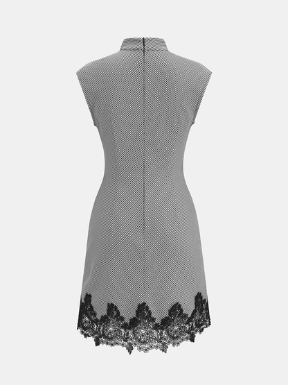 Lace Hem Gingham Sleeveless High Neck Mini Dress