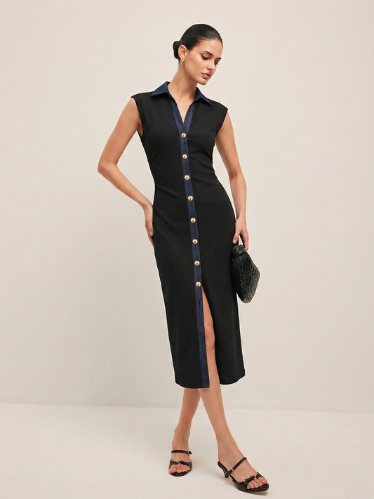 Denim Panel Sleeveless Buttoned Midi Dress