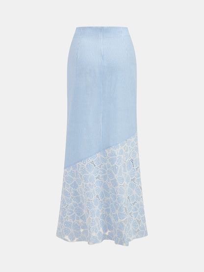 Lace Panel Striped Top & Midi Skirt Set