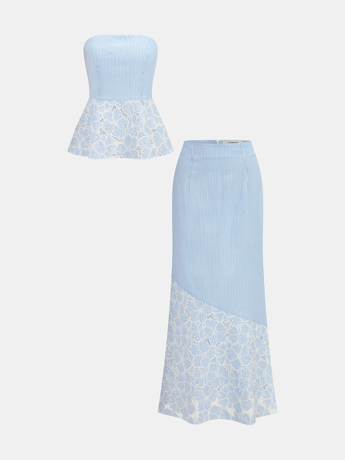 Lace Panel Striped Top & Midi Skirt Set